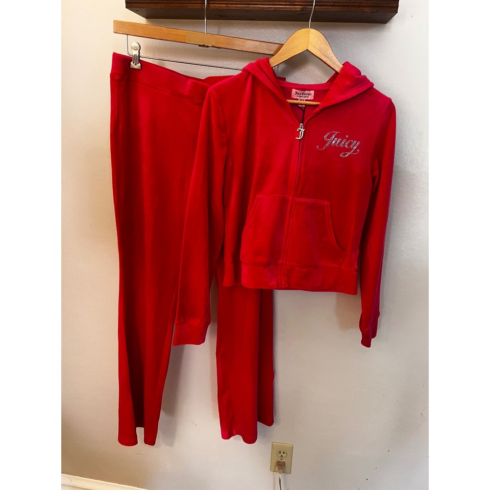 Juicy Couture Velour Tracksuit Set Hot Pink Rhinestone Logo Hoodie Pants Lg New